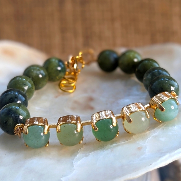 Natural Genuine Green Jade Bracelet in Yellow Gold Plated - Picture 1 of 5